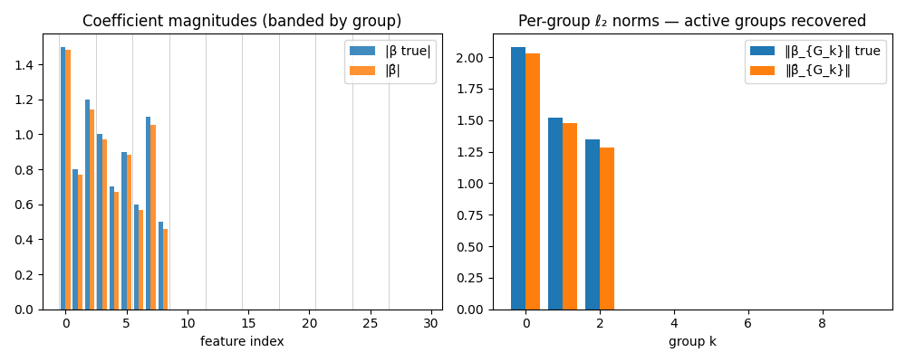 Coefficient magnitudes (banded by group), Per-group ℓ₂ norms — active groups recovered